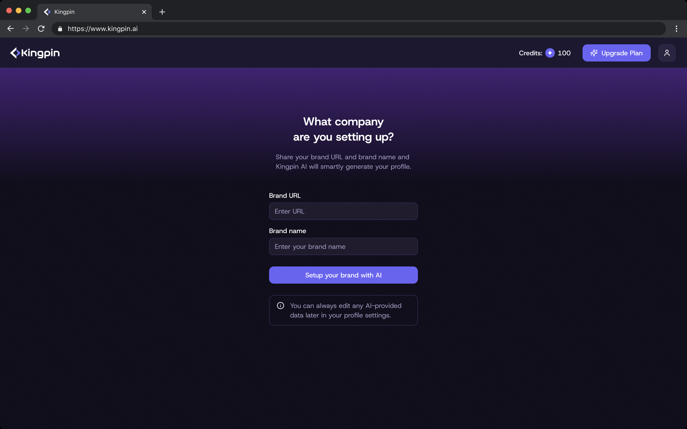 Onboarding: a brand URL and name in, an AI-generated profile out (editable later)