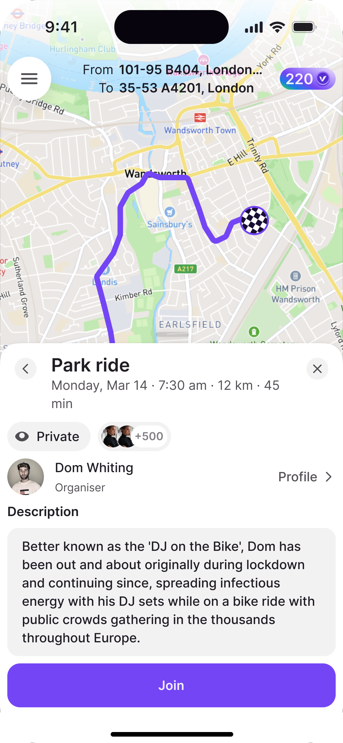 Event details, hosted by Dom Whiting