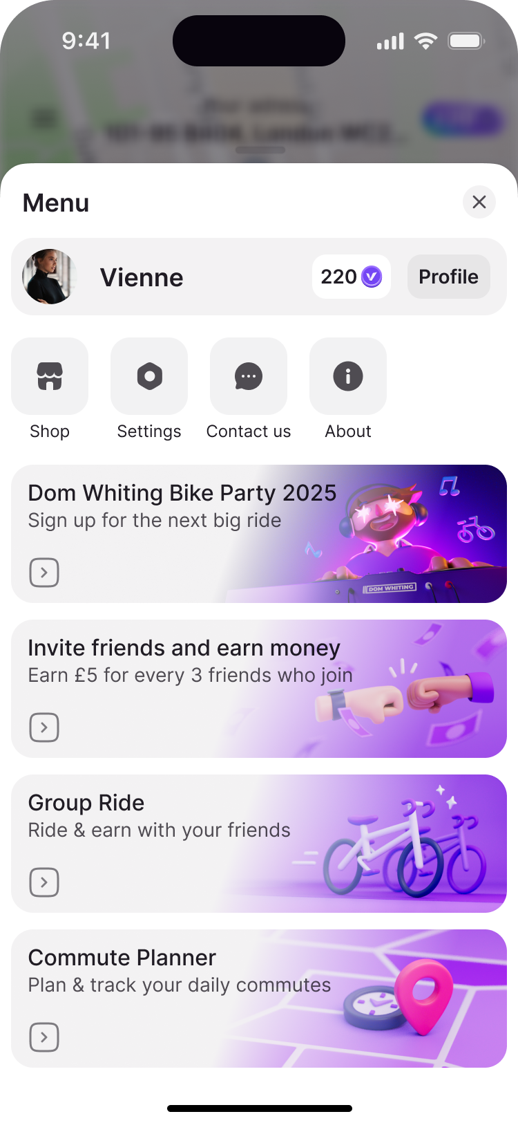 The event surfaced in the menu: Dom Whiting Bike Party